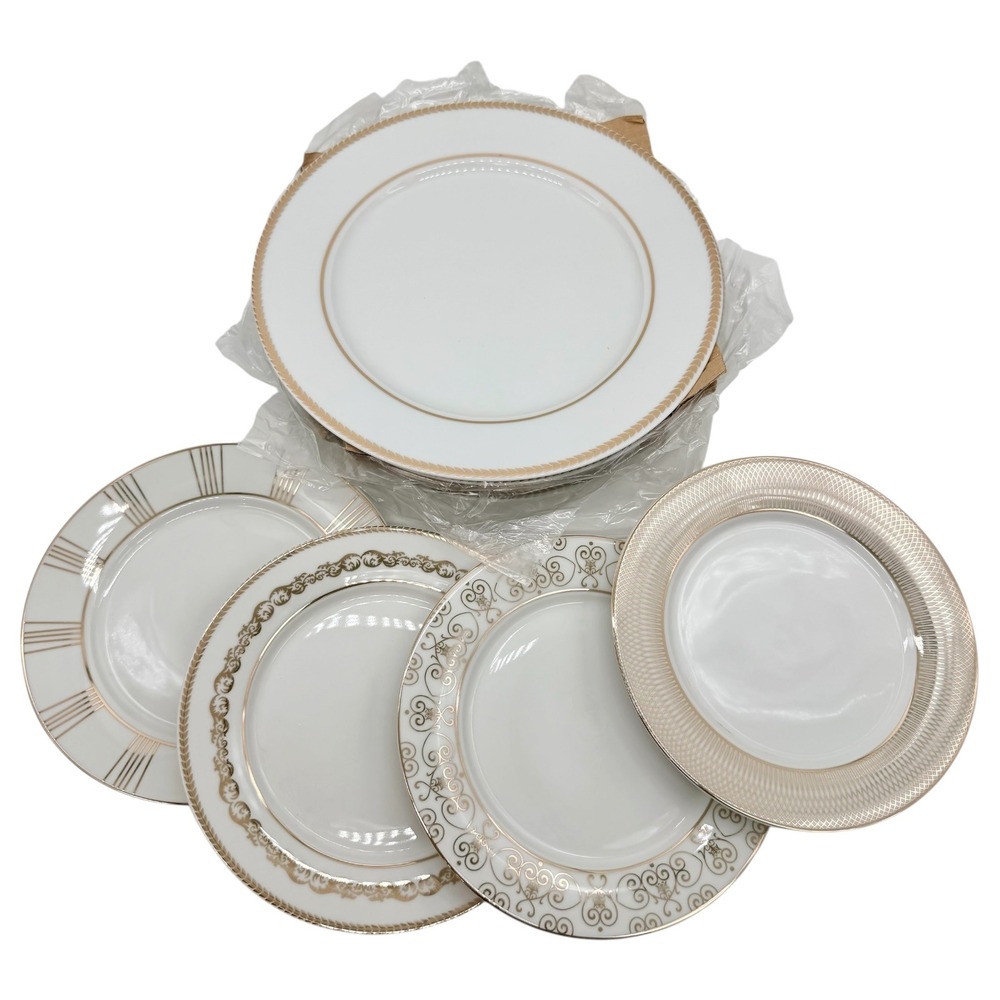 Dennis Basso 8pc Plate Set Gold White Ceramic Buffet Dessert Plates‎ New